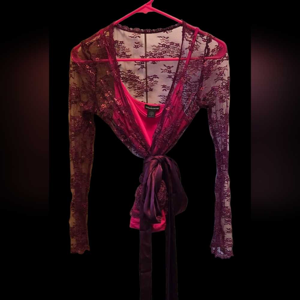 Moda International Pink And Maroon Lace Wrap Blouse With Beautiful Ribbon Y2k